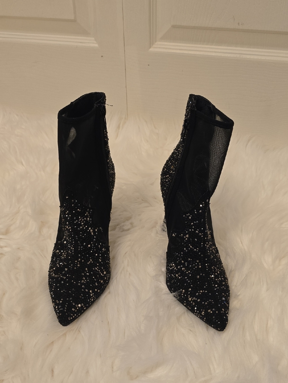 Thalia Sodi Black Sequin Mesh Pointed Ankle Boots